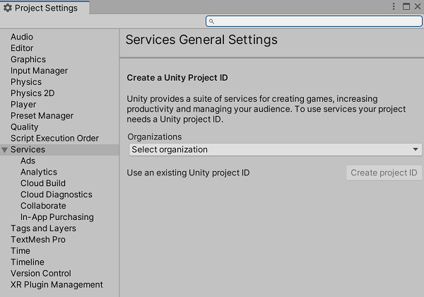 Unity3D ：为 Unity 服务设置项目