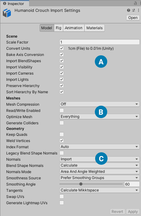 Unity3D:Model 选项卡